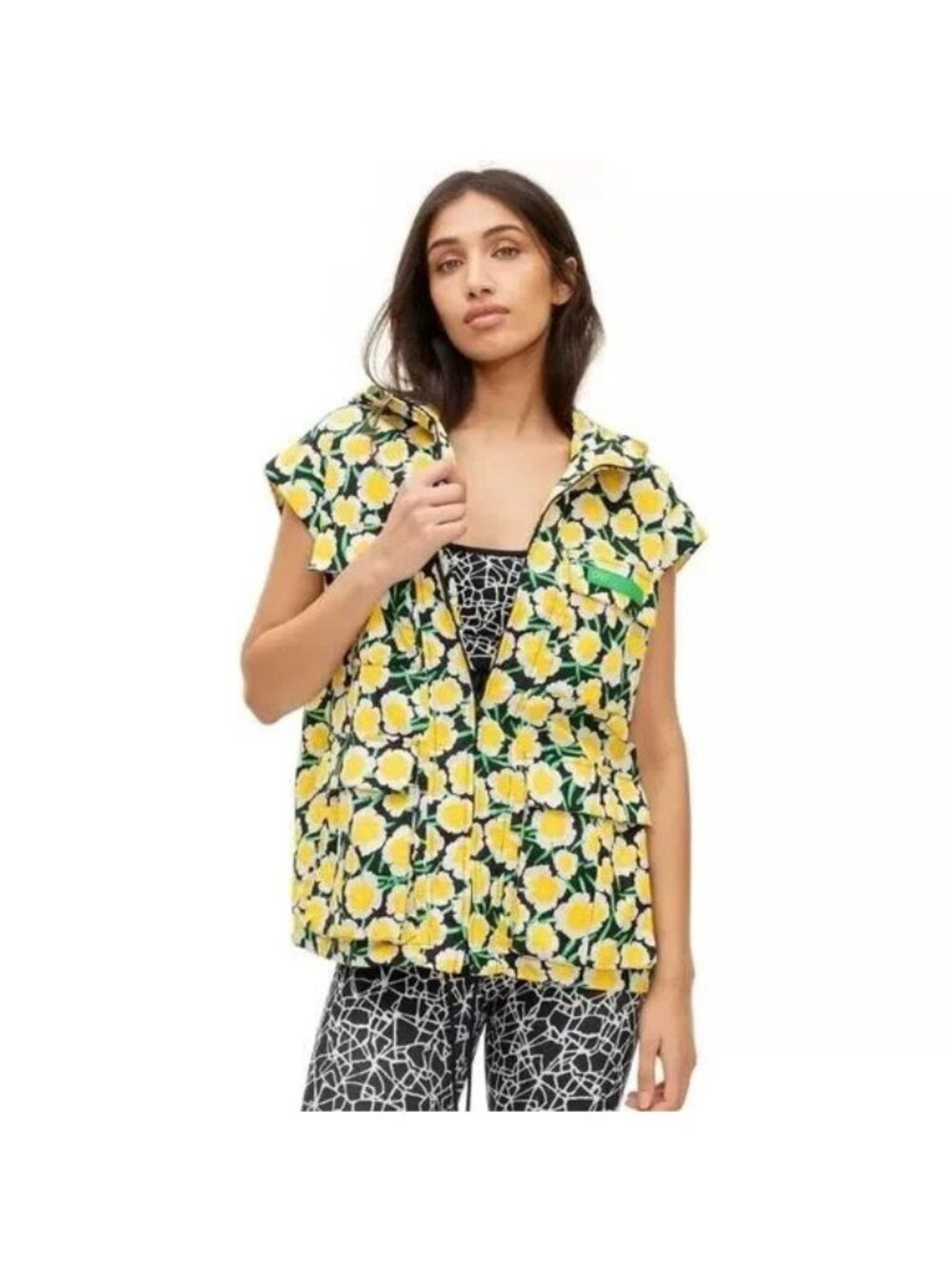 DVF Nylon Yellow Poppy Short Sleeve Hooded Vest XS Packable Ltd Edition EUC